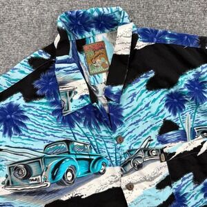 Pineapple Connections XL Hawaiian Shirt Rayon Aloha Vintage Cars Palm Trees Mens